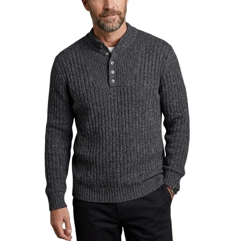 Eddie Bauer Mens Gray Ribbed Cotton Henley Sweater Mock Neck Size Large